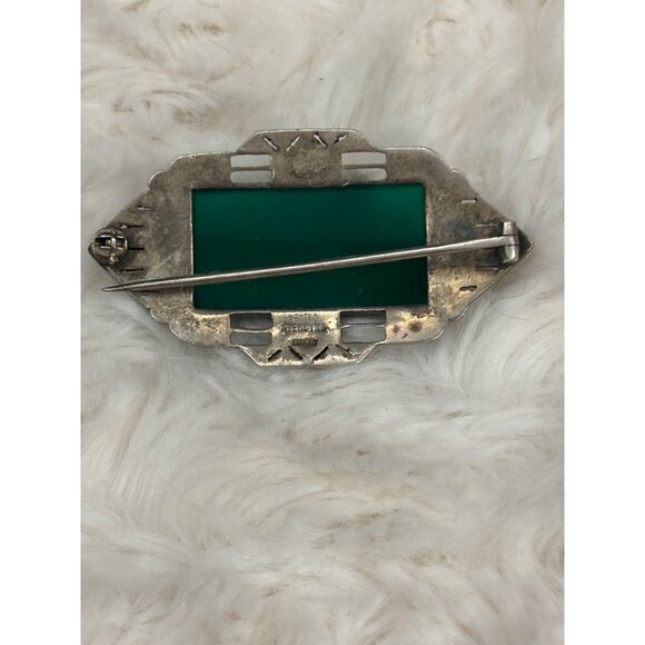 Vintage 1930s Art Deco Sterling Silver Green Agate & Marcasite Brooch - Germany - Picture 8 of 12